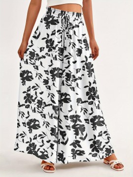 Floral Print Wide Leg Baggy Pants, Casual Drawstring Elastic Waist With Pockets Pants For Spring & Summer, Women's Clothing
