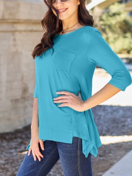 Soft & Stretchy Women's Casual T-Shirt - Solid Pink with Asymmetrical Hem, Round Neck, and Pocket Detail - Perfect for Spring/Summer